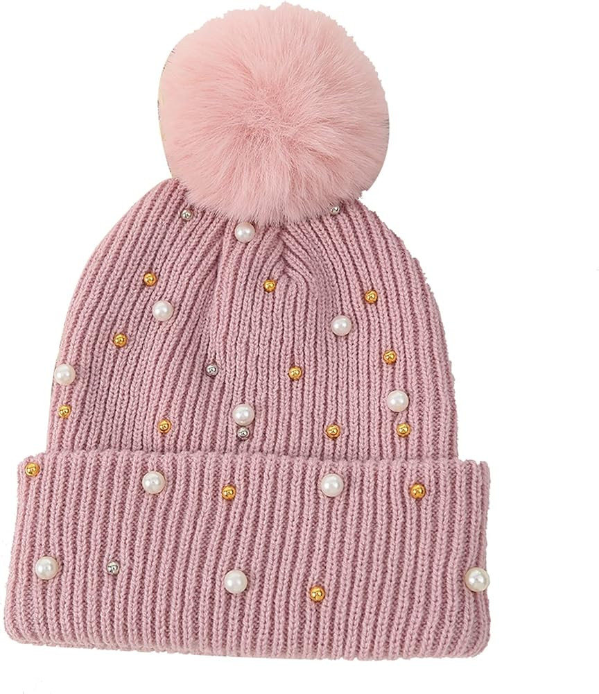 Womens Slouchy Winter Beanie Hat with Fur Ball Pompom Beanie Pearl Beads Fall Hat Warm Thick Knit... | Amazon (US)