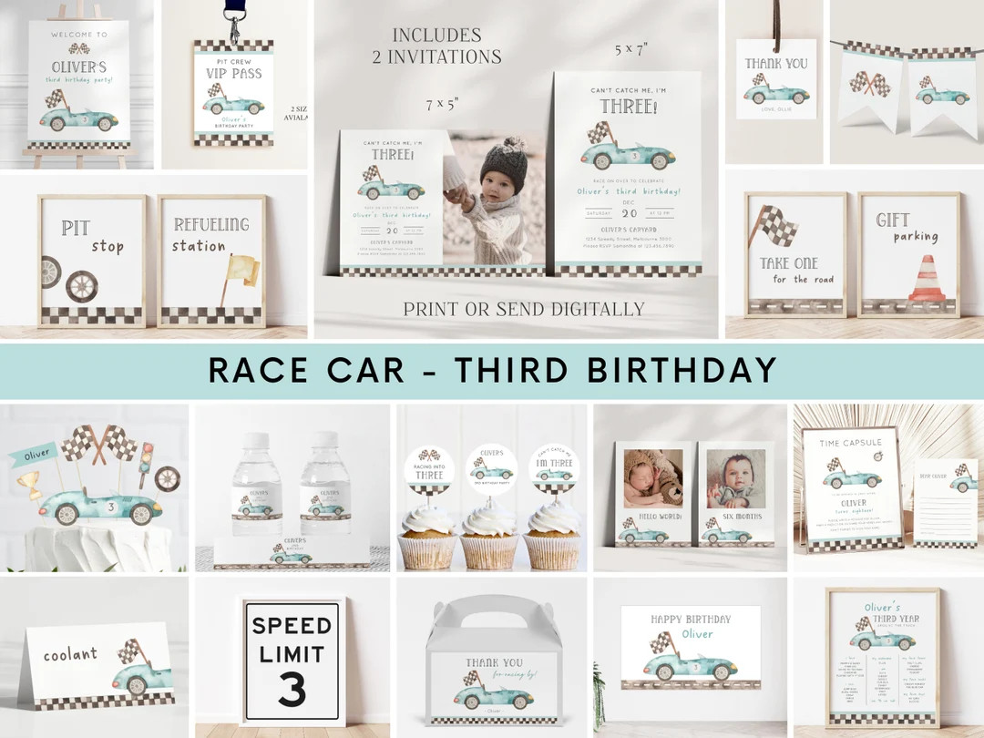 Racing Car 3rd Birthday Invitation Bundle, Editable Boy Third B'day Invite Package, Vintage Blue ... | Etsy (US)