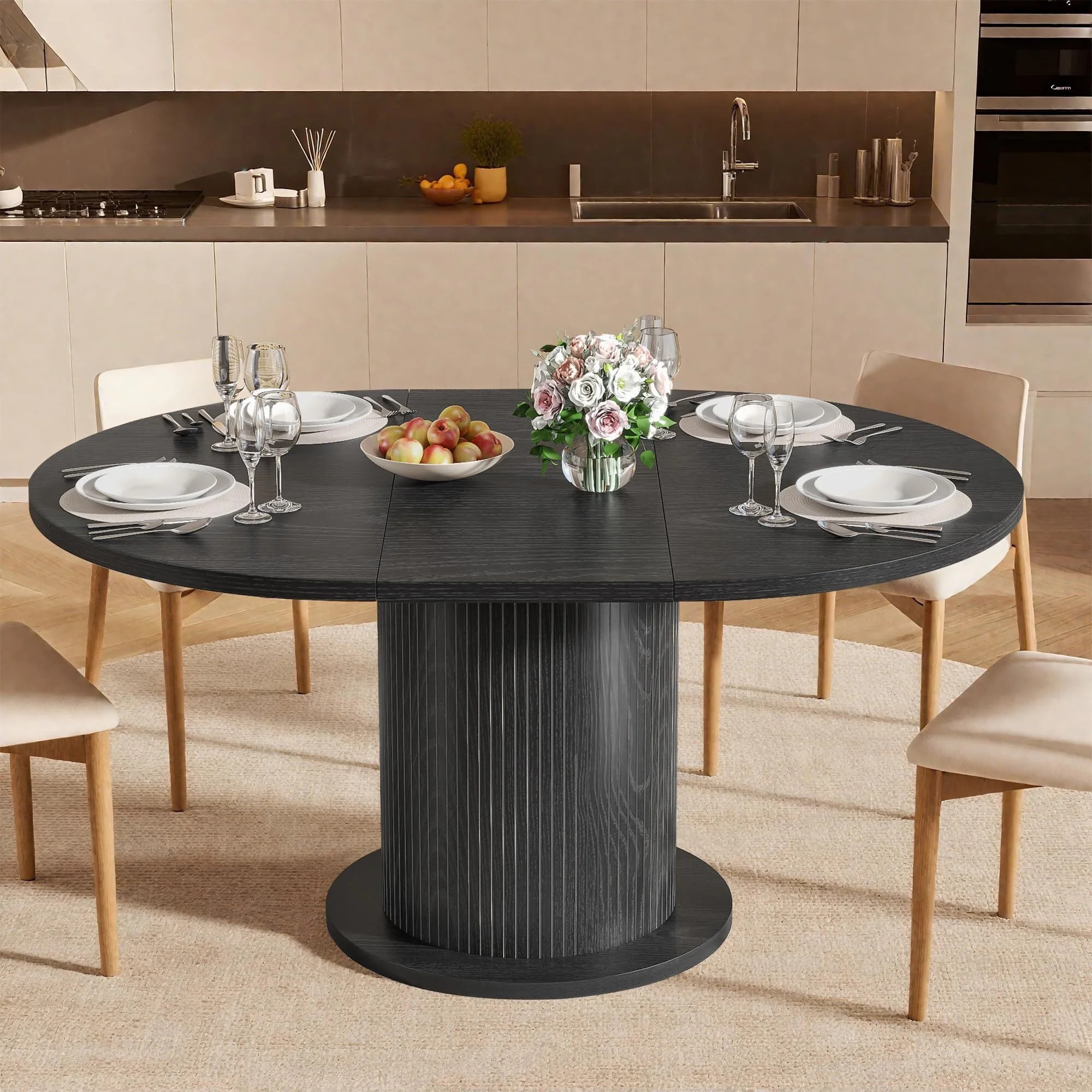Fsbecl Extendable Wooden Round Dining Table, Modern Farmhouse Kitchen Table for 4-6, Black | Walmart (US)