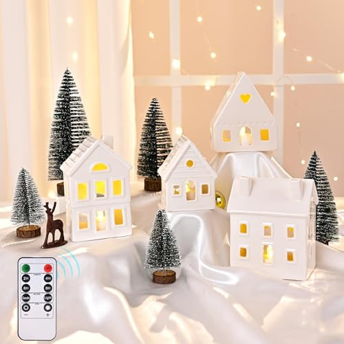 Ktinnead 9 Pcs Christmas Village Sets, 4 LED Lighted Ceramic Christmas Village Houses with Remote Control & 5 Xmas Trees, White Porcelain Indoor Decorations for Home Party Holiday Table | Amazon (US)