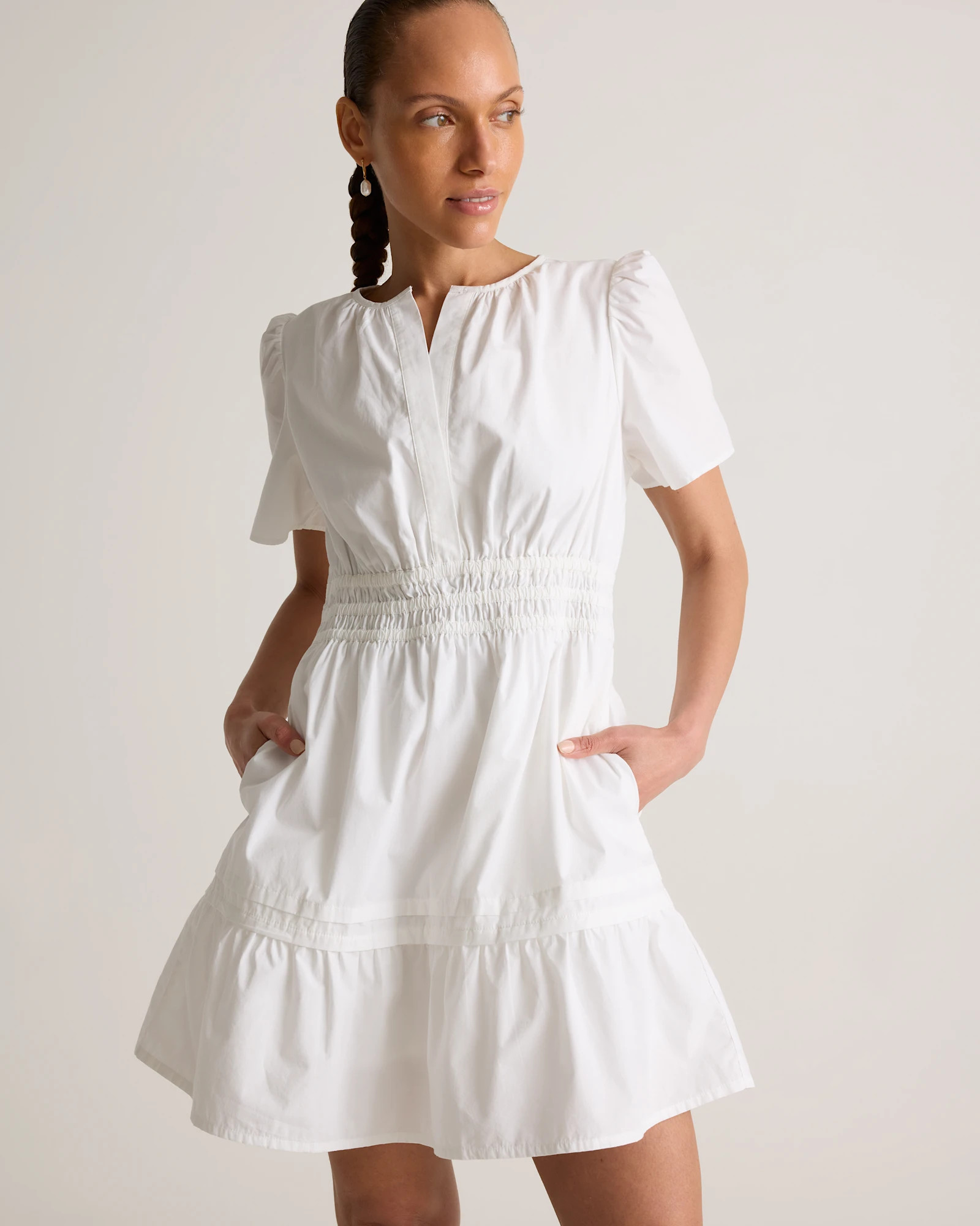 100% Organic Cotton Poplin Tiered Mini Dress in Classic White | Quince