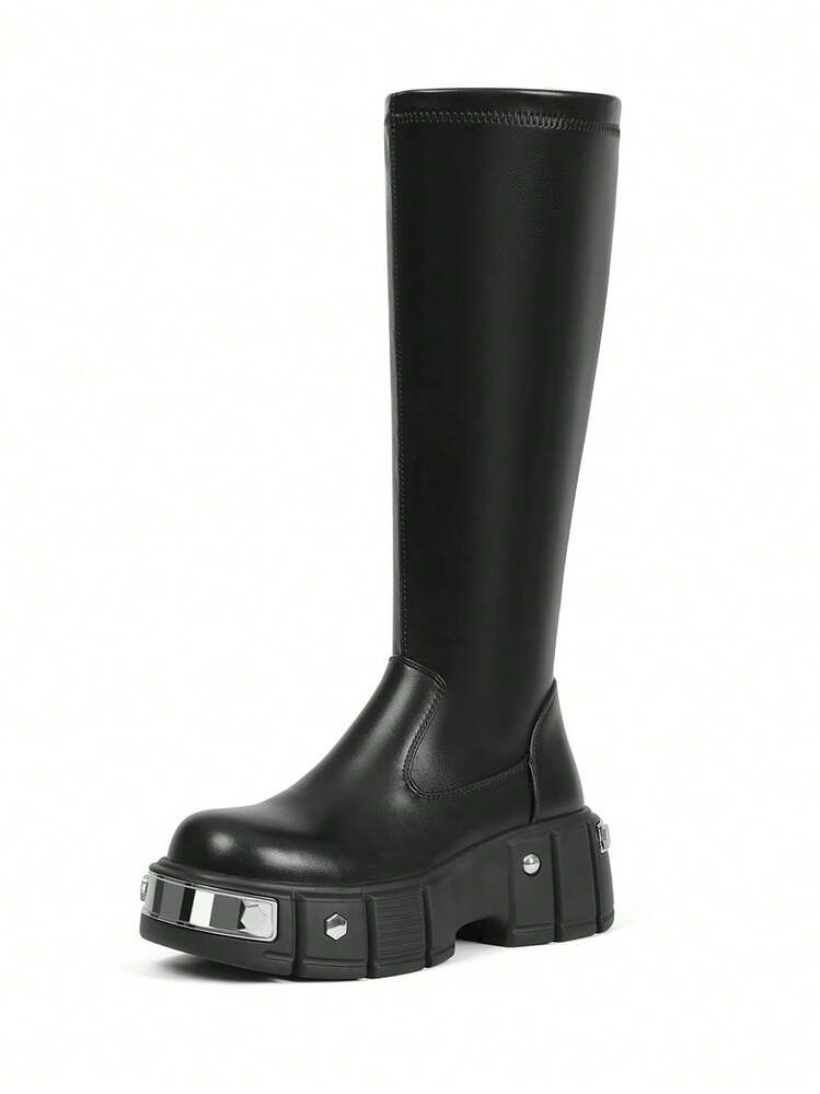 Women's Motorcycle Knee High Boots Platform New Stylish Rock Punk Chunky Heel Elastic Riding Stretch Boots Metal Rivet Decor Dress Fashion Y2k Footwear | SHEIN