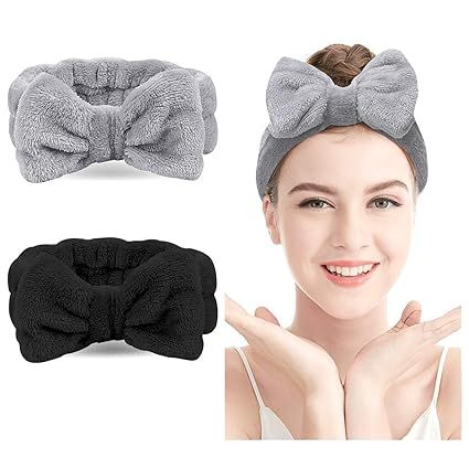 Spa Headband – 2 Pack Bow Hair Band Women Facial Makeup Head Band Soft Coral Fleece Head Wraps ... | Amazon (US)