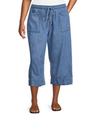 Plus Size Lyocell/Cotton Medium Wash Pull On Flat Front Crop Pants | Dillard's