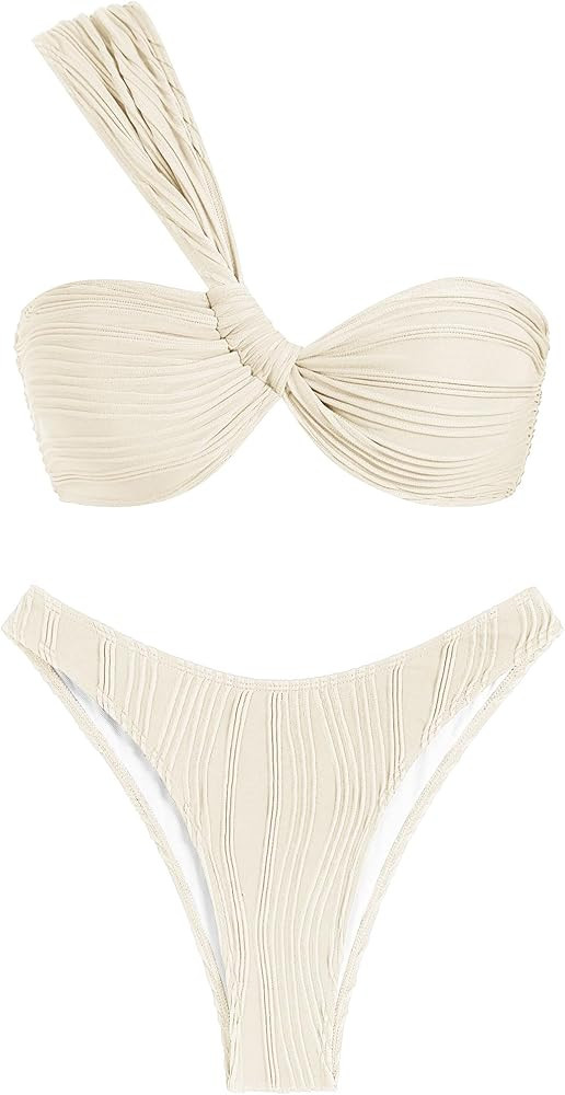 ZAFUL Women's One Shoulder Bikini Twisted Ruched High Cut Bandeau Bikini Set Two Piece Swimsuit | Amazon (US)