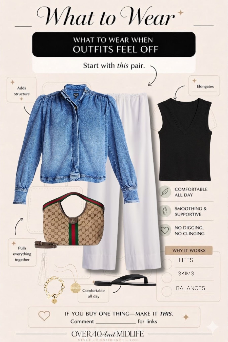 ✨Tap the bell, save and ❤️ for over 40 fashion, midlife style, midsize fashion and luxury looks for less. 

What to wear when your outfits feel
Off...

👑"Helping you look good, feel good!" - Lindsey Denver


midlife fashion, over 40 style, Gen X style, quiet luxury, elevated basics, outfit physics, belly friendly fashion, mid rise jeans, wide leg jeans, structured denim jacket, linen pants, matching sets, polished casual outfits, modern classic style, flattering basics, comfortable chic, minimal luxury, easy summer outfits, midsize fashion, structure over squeeze, denim shirts, easy elegant outfits

#LTKOver40 #LTKPlusSize #LTKMidsize