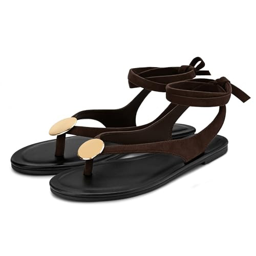 Carcuume Women's Suede Flat Sandals Lace up Metallic Strappy Slides | Amazon (US)