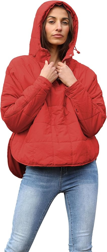 Women's Pullover Puffer Jacket Quilted Lightweight Dolman Sleeve Button Down Hooded Padded Coat w... | Amazon (US)