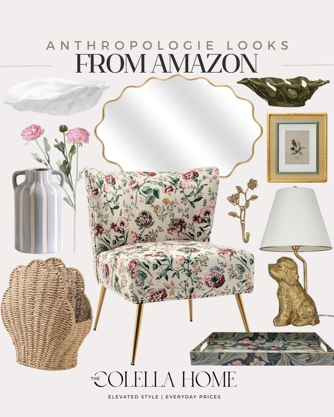 Anthropologie looks for less includes tray, dog lamp, accent chair, frame, gold hooks, decorative bowl, mirror, vase, floral stem, shell bowl, shell basket.

Home decor, designer looks for less, home accents

#LTKHome #LTKSeasonal #LTKSaleAlert