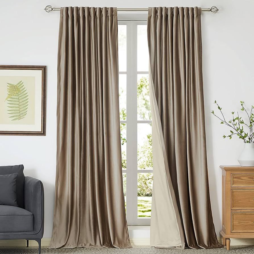 PRIMROSE Blackout Taupe Velvet Curtains 108 inch Long for Living Room,Set of 2 Panels Liner Rod P... | Amazon (US)