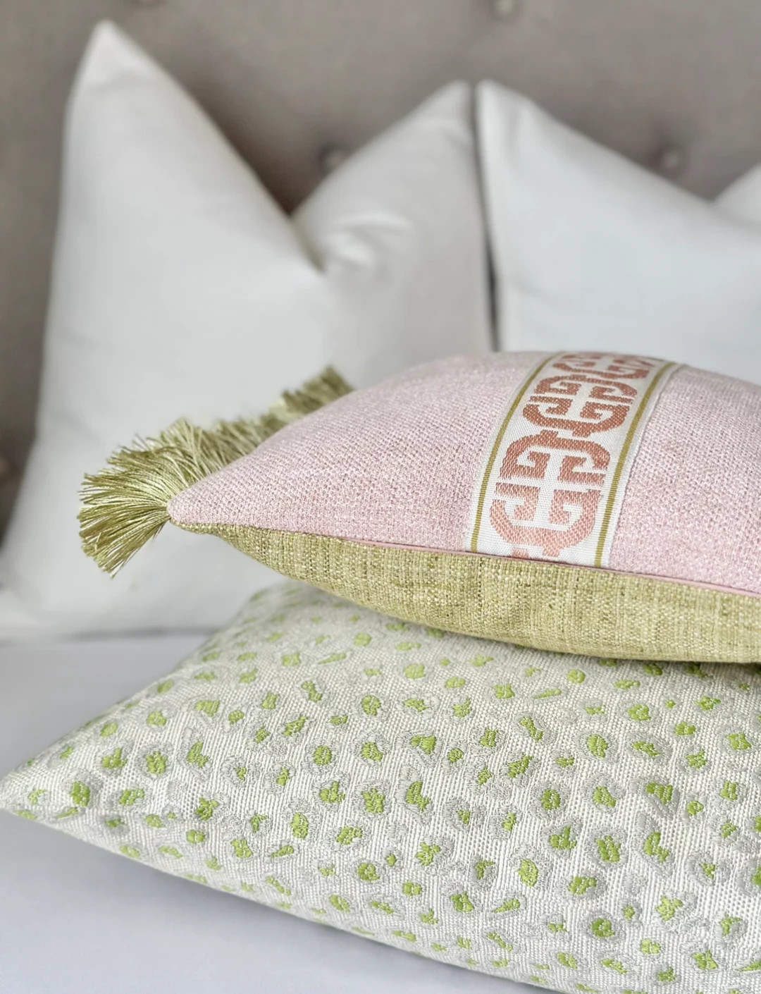 Blush MINI Throw Pillow Cover With Green Brush Detail , Greek Key Tape Pillow Cover , Pink Throw ... | Etsy (US)