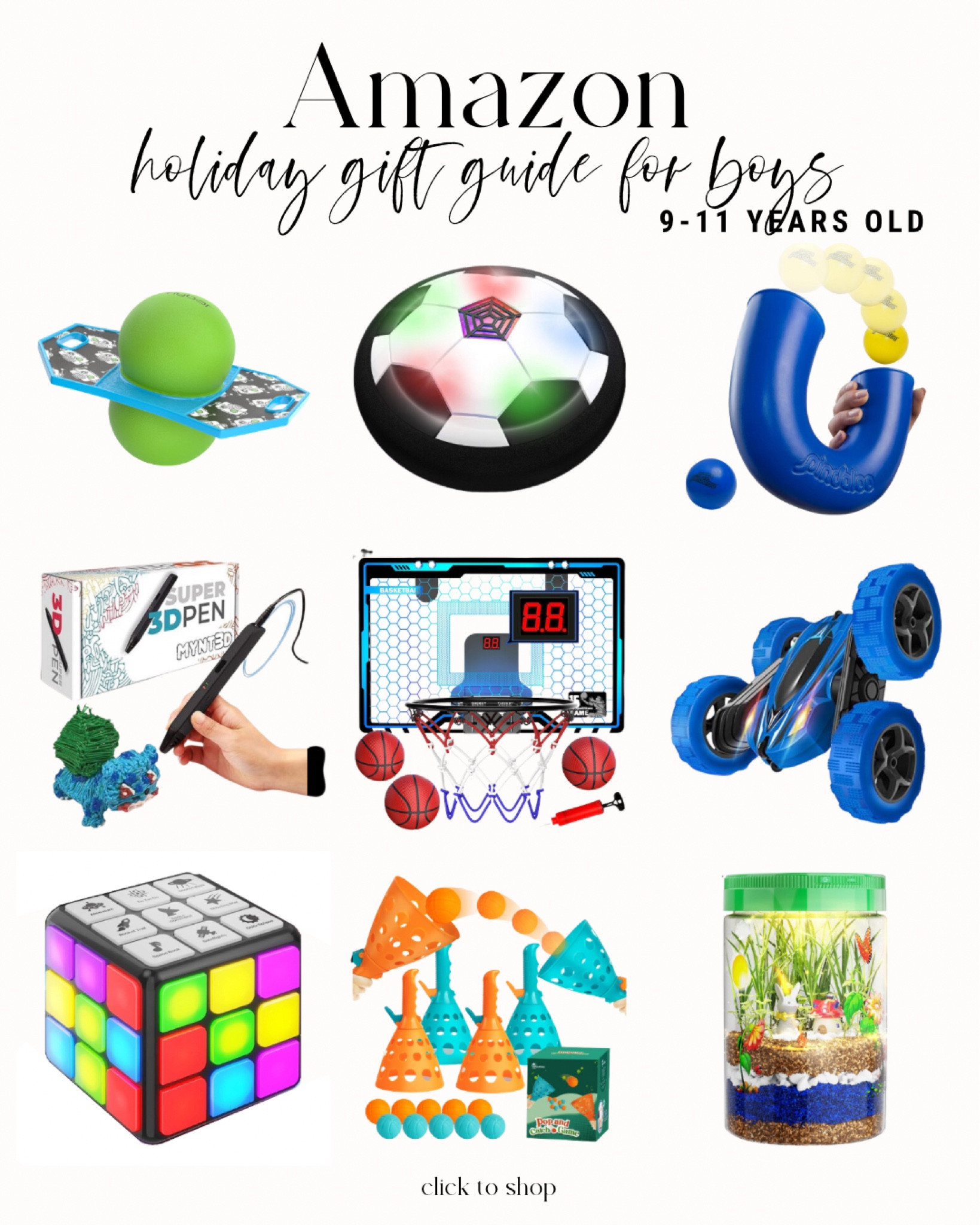 Amazon holiday gift guide for boys age 9-11. 3D pen, hover ball, RC cars and more. 

#LTKHoliday #LTKGiftGuide #LTKkids