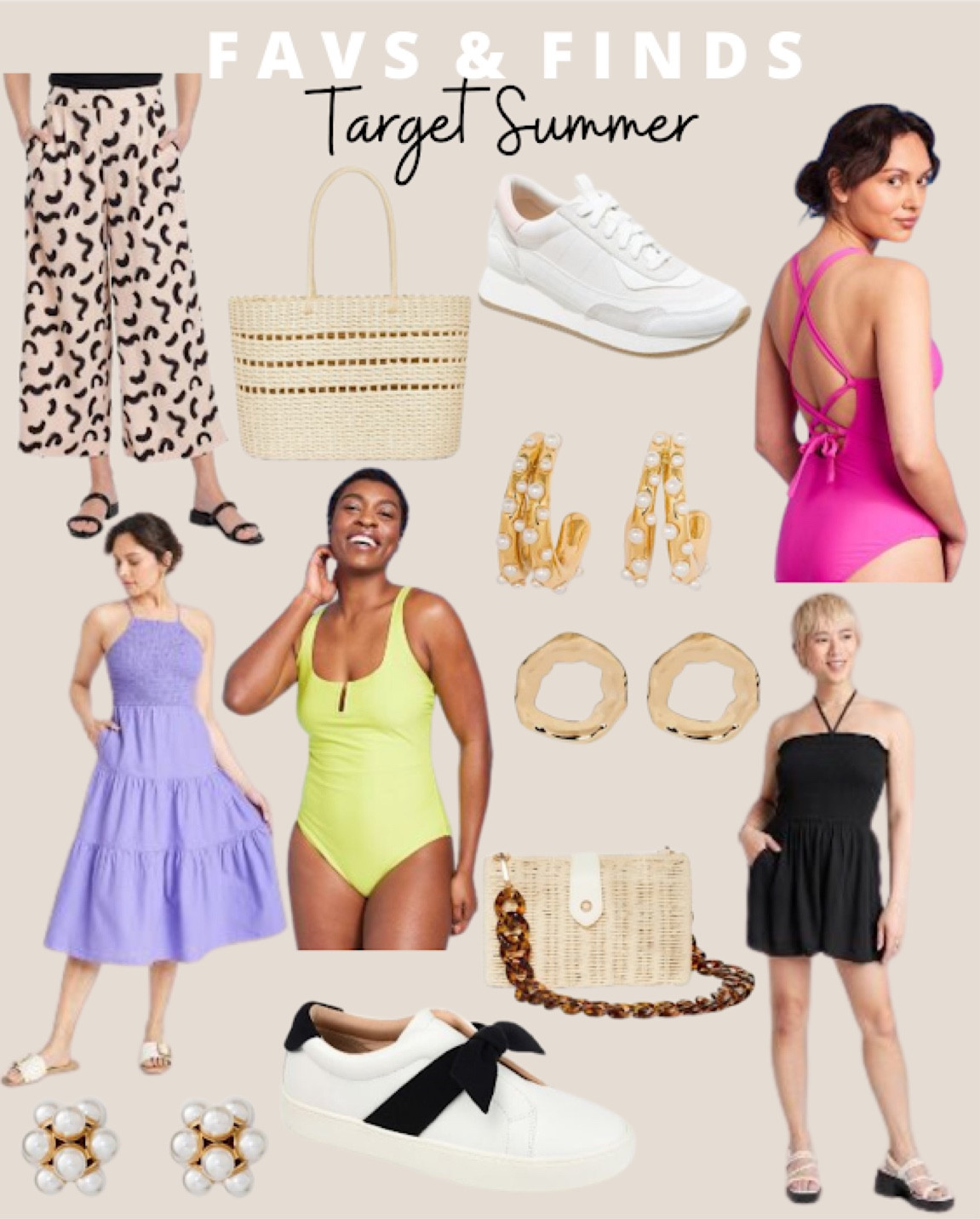 Target Summer Favs & Finds: patterned linen pants, woven tote, sneakers, bright one piece Strappy bathing suits, gold stud statement earrings, black beach pool romper, bow sneakers, seersucker Strappy sundress, pearl cluster studs, basket purse 

#LTKswim #LTKshoecrush #LTKSeasonal