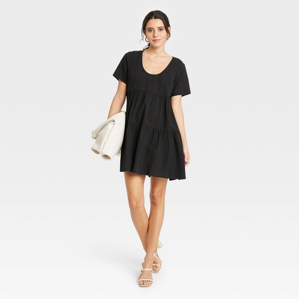 Women's Short Sleeve Tiered Dress - A New Day Black XL | Target