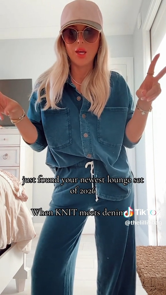 Restocked!! Looks like denim but it’s sweats! Also got in this new denim bomber which I love ✨✨✨

I did medium in pants for length and small in tops. More colors. 

Travel set. Travel. Lounge set. Sweats. 
Spring outfit. 

#LTKgrwm #LTKTravel