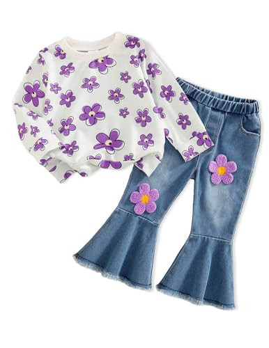 Doresbebe Size 4-5T Girl Clothes Fall Toddler Girls Outfits 4-5 Years Old White Pullover Purple Flower Print Sweatshirt Blue Cool Denim Trousers Purple Flower Details Outfit 2Pcs | Amazon (US)