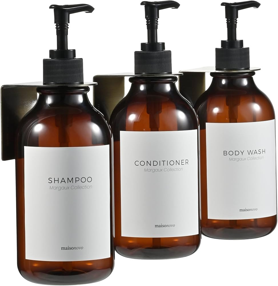 MaisoNovo Shampoo and Conditioner Dispenser | 3 Plastic Amber 3 Wall Mount Gold | Shampoo Dispens... | Amazon (US)