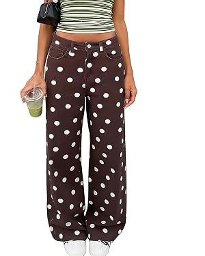 XBTCLXEBCO Polka Dot Jeans Women Y2K Print High Waisted Wide Leg Denim Pants Vintage Stretchy Boy... | Amazon (US)