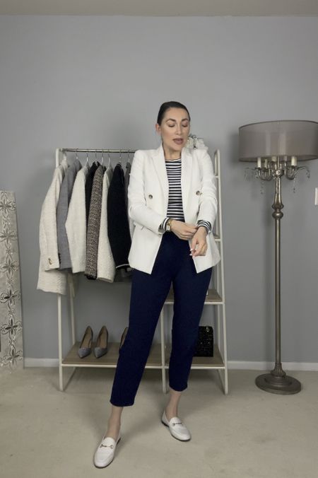 Classic summer work outfit 💙🤍

White linen blazer (linked similar)
Blue and white striped tee (linked similar)
Blue high waisted pants (linked similar)
White loafers size 6.5, white fit smaller than black and nude pair, can stay TTS

Work wear 
Office outfit 



#LTKWorkwear #LTKStyleTip #LTKShoeCrush