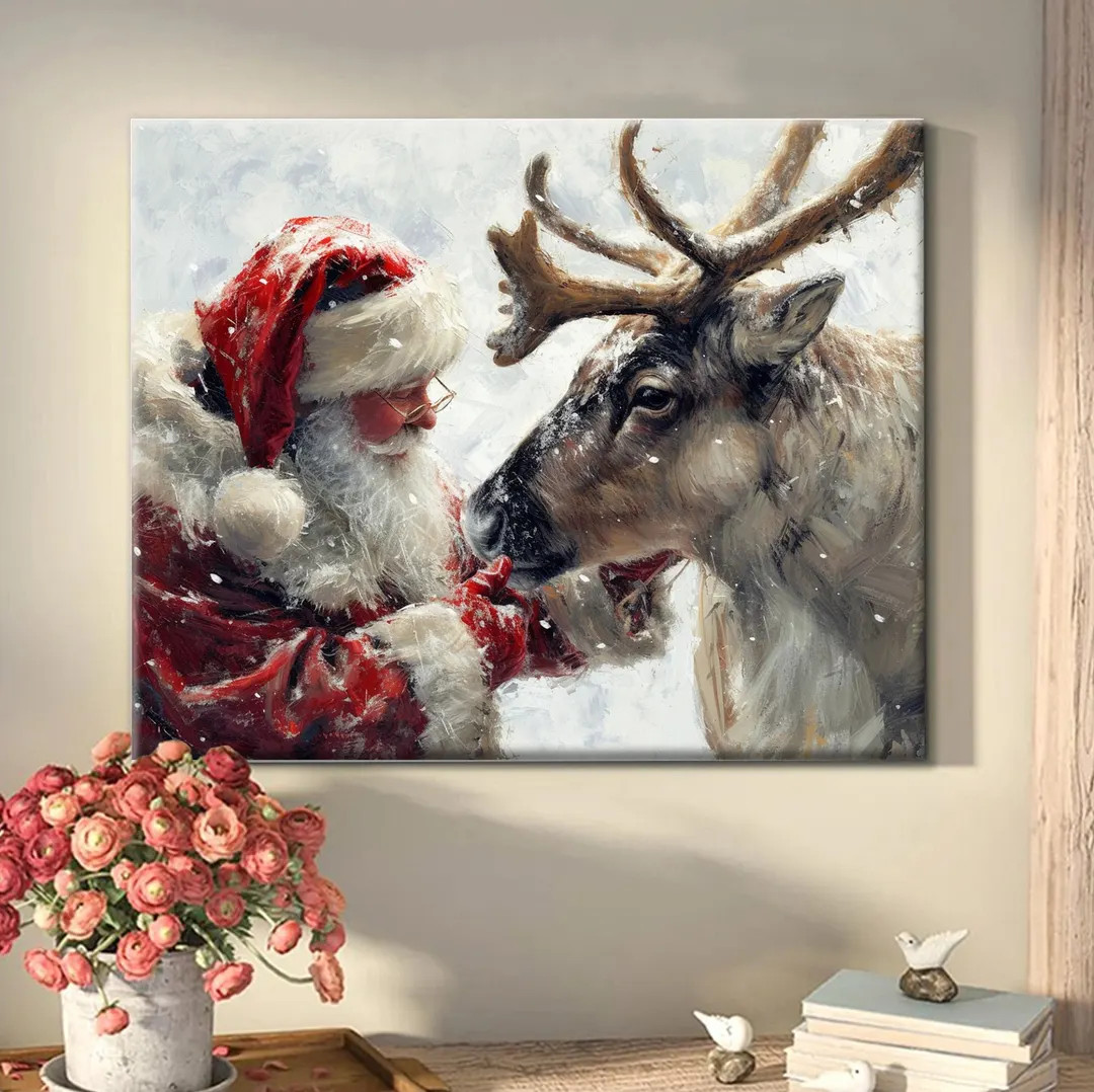 Santa's Reindeer Companionship Poster Canvas, Santa Canvas Wall Art, Santa And Reindeer Art Print... | Etsy (US)