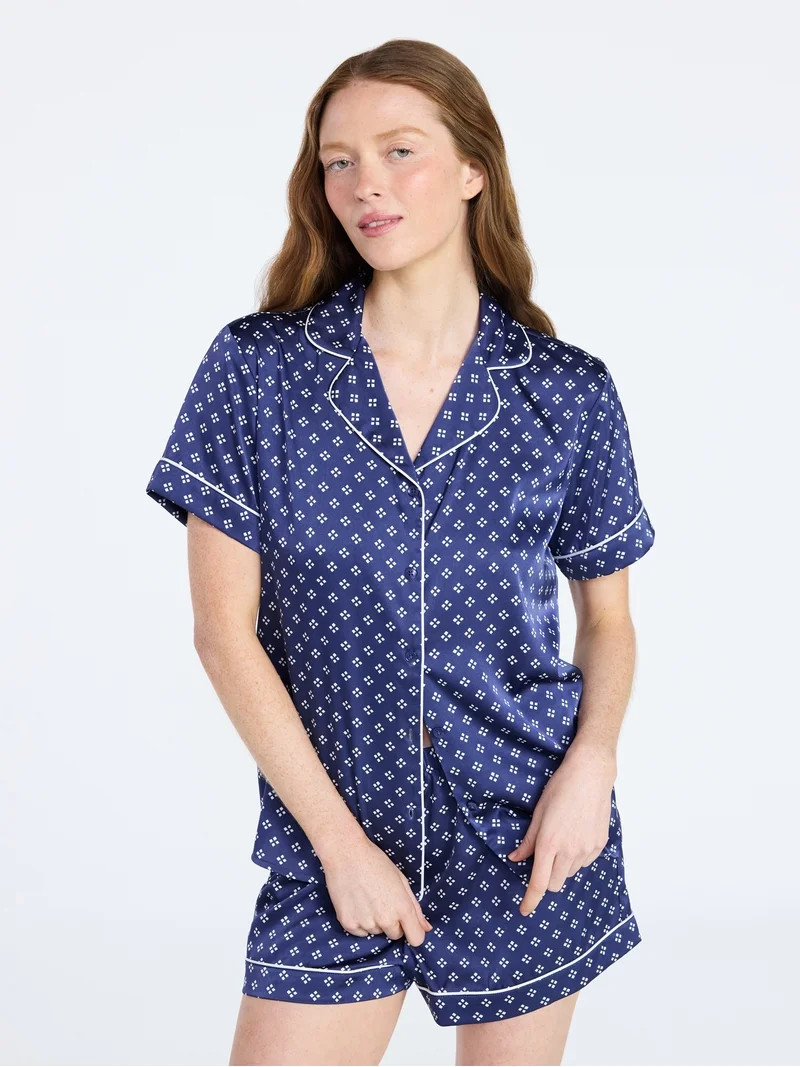 Joyspun Women\u2019s Stretch Satin Short Sleeve Top and Shorts Pajama Set, Sizes XS-3X | Walmart (US)