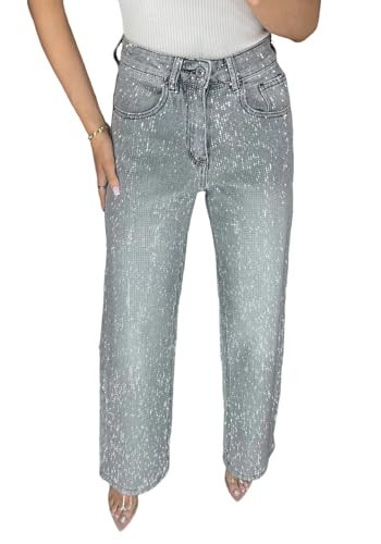 LETSVDO Womens Rhinestone Jeans Straight Leg High Waist Baggy Wide Leg Pearl Shiny Sequin Boyfriend Loose Denim Pants Grey | Amazon (US)