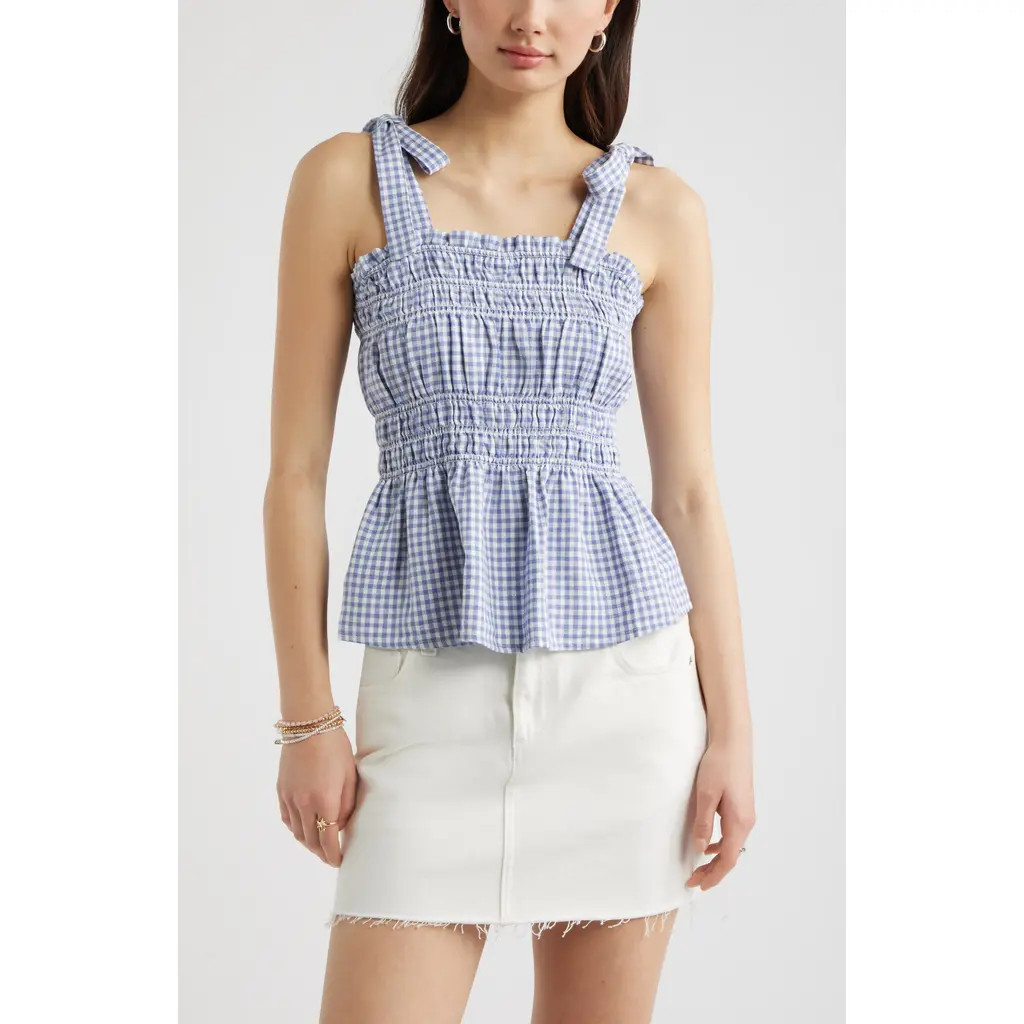 BP. Gingham Shirred Linen Blend Top in Blue- White Demi Gingham at Nordstrom, Size X-Large | Nordstrom