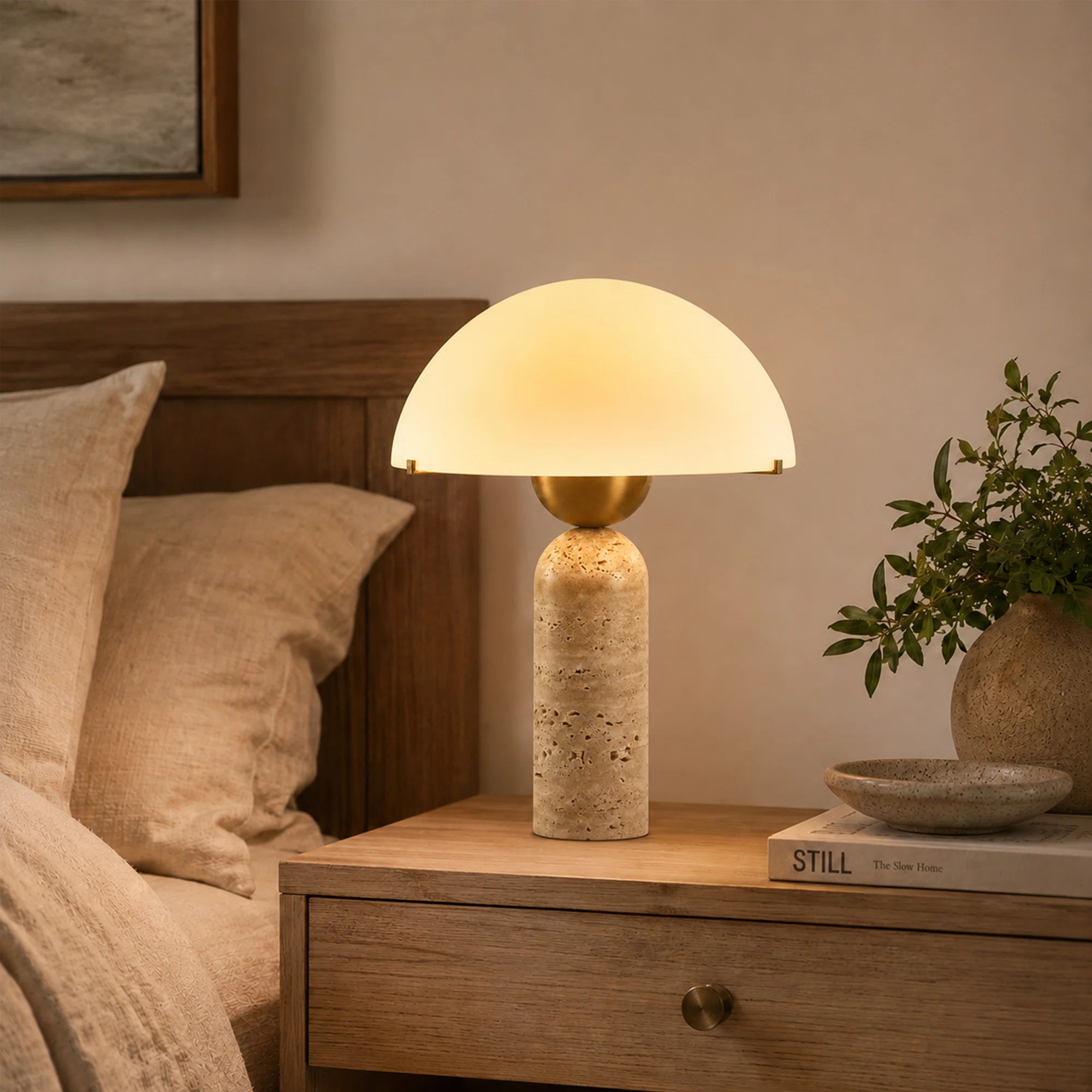 Natural Stone Table Lamp, Mid-Century Modern Dome Mushroom Lamp With Greentravertine Base And Frosted Glass Shade, Minimalist Bedside Nightstand Ligh | Wayfair North America