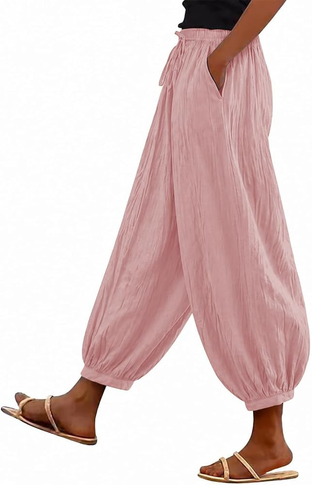 Womens Baggy Linen Balloon Barrel Beach Pants Drawstring Loose Wide Leg Boho Harem Pants with Poc... | Amazon (US)