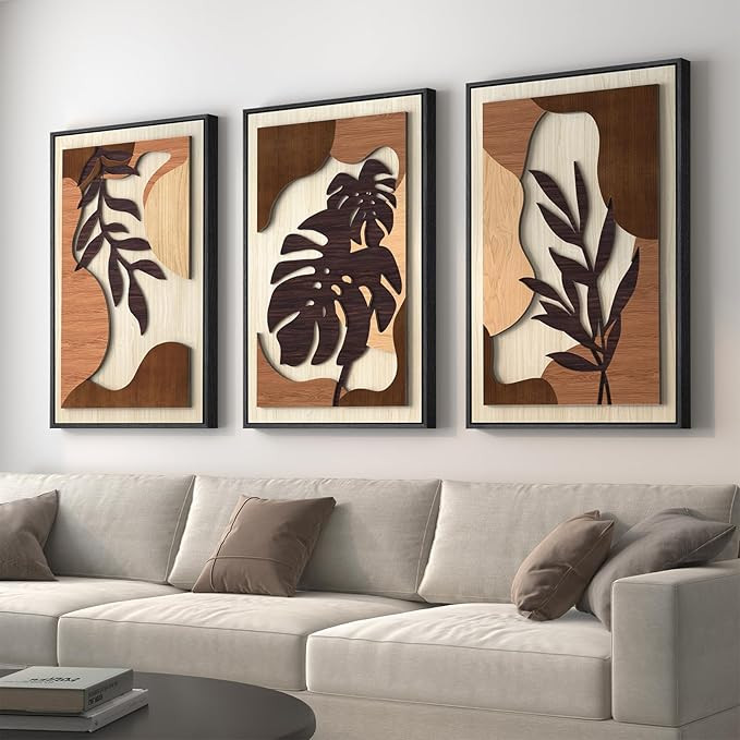 Amazon.com: Framed Textured Wood 3D Wall Art for Living Room, Large Boho Tropical Brown Artwork f... | Amazon (US)