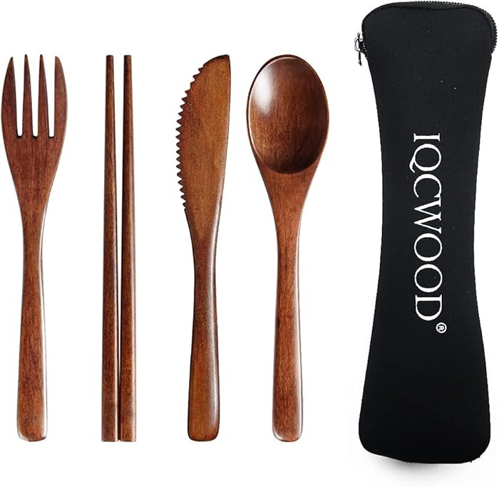 Portable Wooden Cutlery Set for Travel and Camping - 4 Piece Set With Reusable Wooden Spoon, Fork... | Amazon (US)