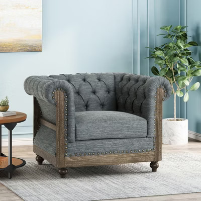 39" Polyester Fabric Chesterfield-Inspired Club Chair with Deep Button Tufting, Scrolled Tuxedo Arms, Nailhead Accents and Birch Wood Legs | Target