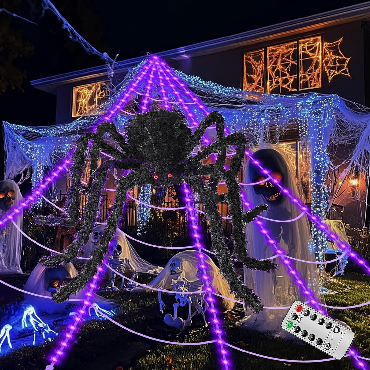 Brighter Spider Webs Halloween Decorations Lights,250 Purple LED Light Up,16.4Ft 8 Modes Giant Spiderweb with Remote Control,48'' Giant Spider,Waterproof & Timer,Halloween Decor for Outdoor | Amazon (US)