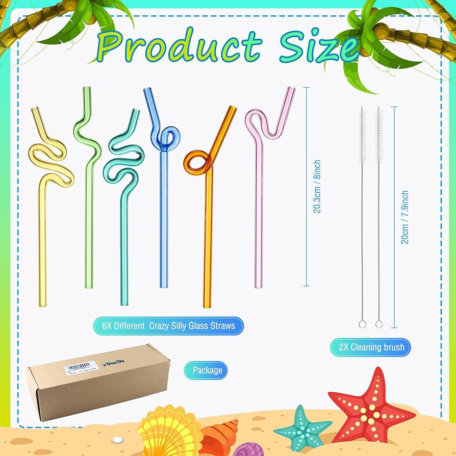 Yinkin 6 Pcs Wavy Glass Straws Reusable Curved Straw Shatter Resistant with 2 Cleaning Brushes Cl... | Amazon (US)
