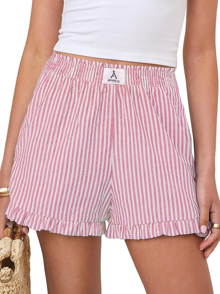 ANRABESS Boxer Shorts for Women,Gingham Plaid Elastic Waist Ruffle,Perfect for Lounge,Pajama&Slee... | Amazon (US)