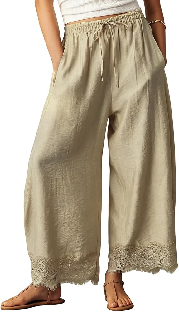 Wyeysyt Wide Leg Pants for Women Lace Trim Cropped Flowy Pants | Amazon (US)