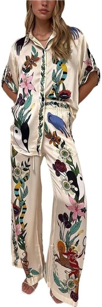 Women's Shirt And Pants Loose Print Two-piece Set, Casual And Fashionable Bohemian Style Two-piec... | Amazon (US)