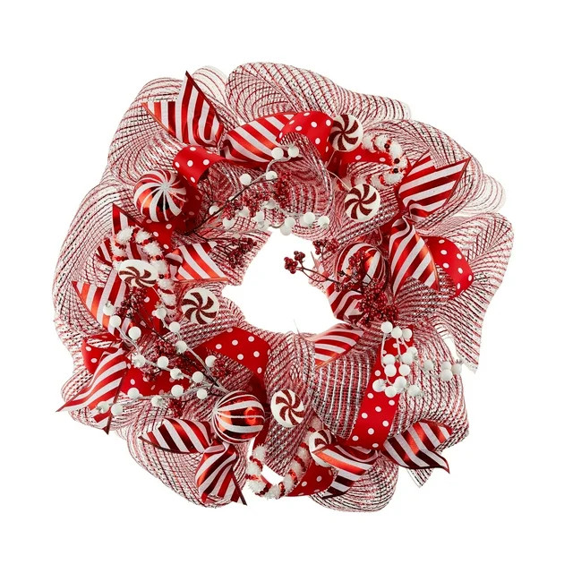 Red and White Stripe Mesh Christmas Wreath, 20 in, by Holiday Time | Walmart (US)
