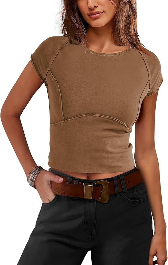 SENSERISE Womens Crop Tops Tight T Shirts Cap Sleeve Basic Tees Slim Fit Baby Tees Y2k Clothes Fa... | Amazon (US)