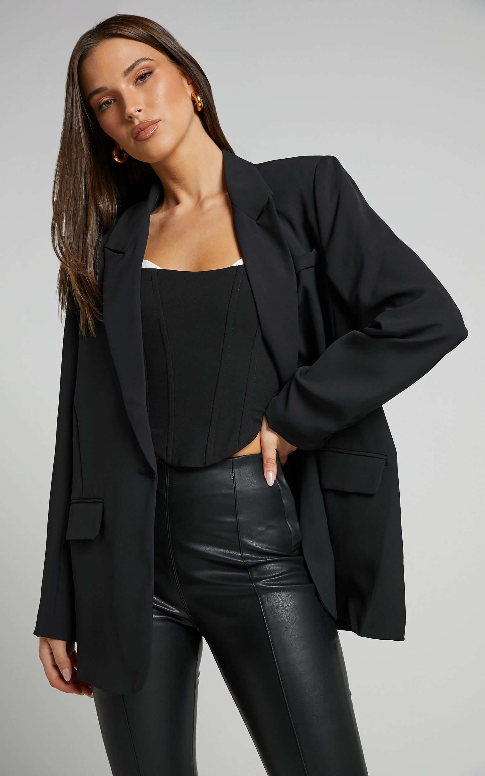 Michelle Blazer - Oversized Plunge Neck Button Up Blazer in Black | Showpo (US, UK & Europe)