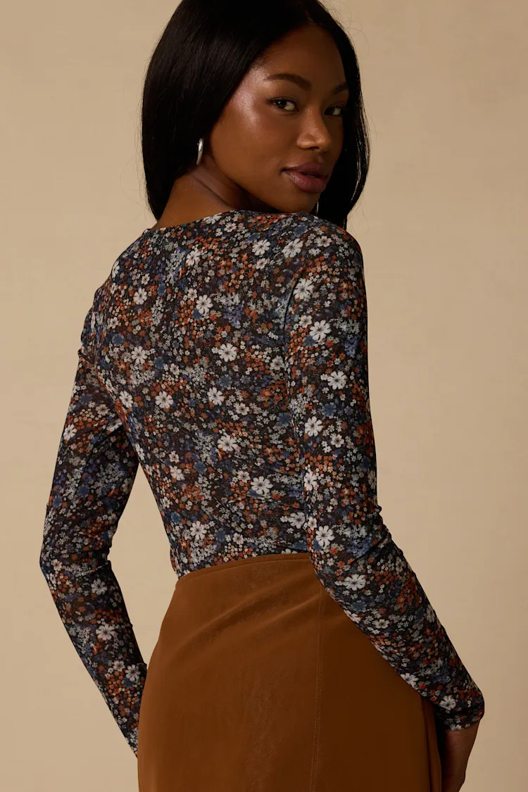 Everyday Luck Blue Floral Print Ruched Long Sleeve Bodysuit | Lulus