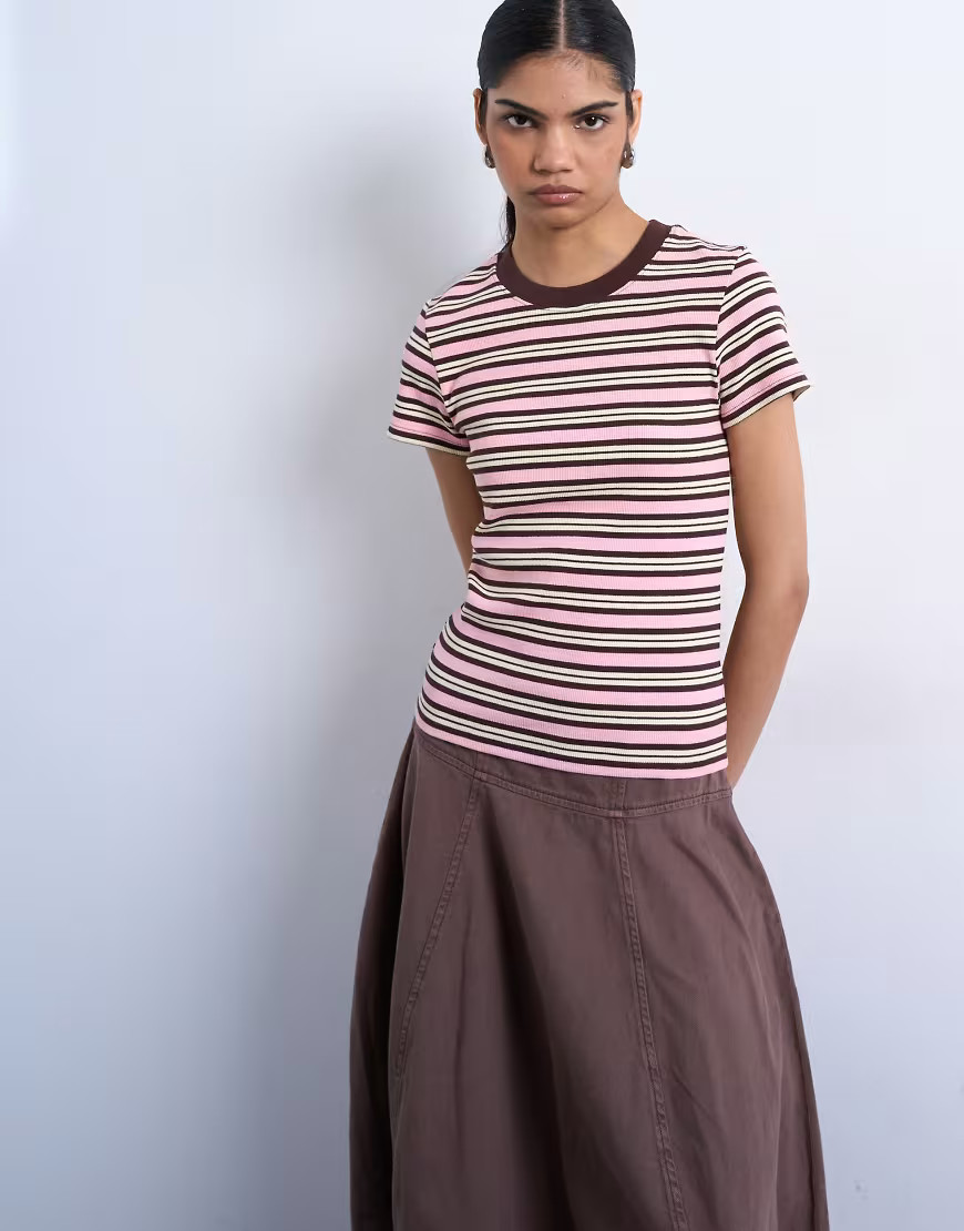 Topshop striped ribbed short sleeve tee in pink and brown | ASOS (Global)