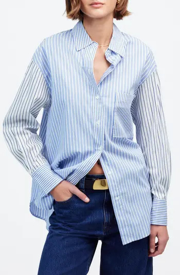 Mixed Stripe Oversize Cotton Poplin Button-Up Shirt | Nordstrom