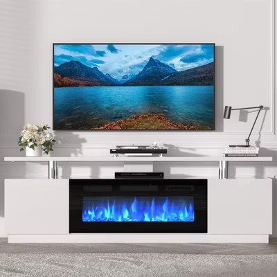 Modern Fireplace TV Stand with Dual Control, 12 Flame Colors, Ember Bed, Ample Storage, Cable Management – 70" Media Console for Living Room, White | Target