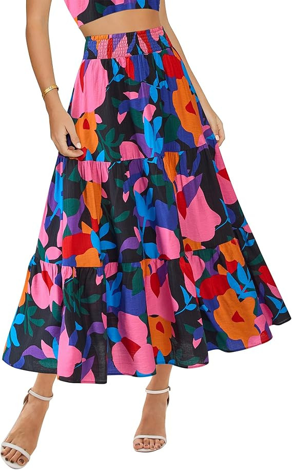 BTFBM Long Skirts For Women 2025 Summer Casual Floral Flowy A Line Beach Vacation Spring Fashion ... | Amazon (US)