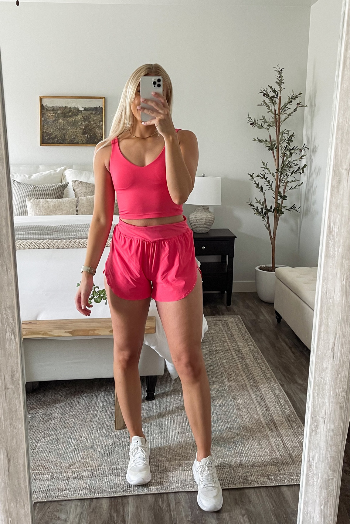 The brighter the better. Lip gloss Align 6” shorts and high-neck