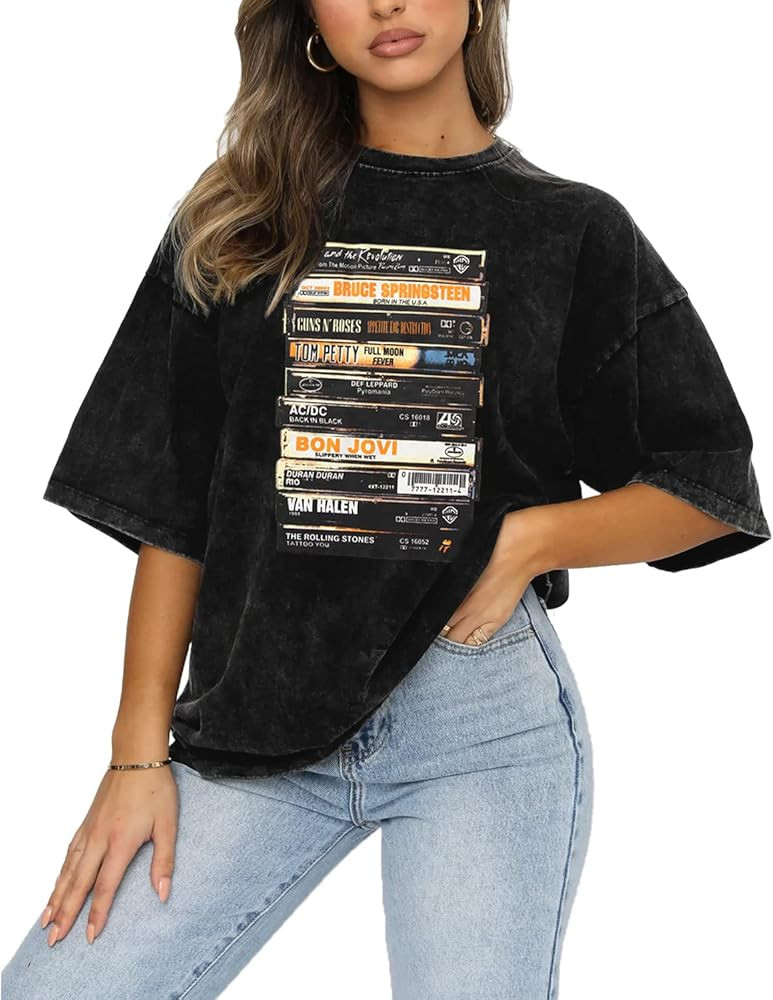 Women Vintage Rock Band T-Shirt Fashion Music Cassettes Graphic Retro Distressed Tees Summer Shor... | Amazon (US)