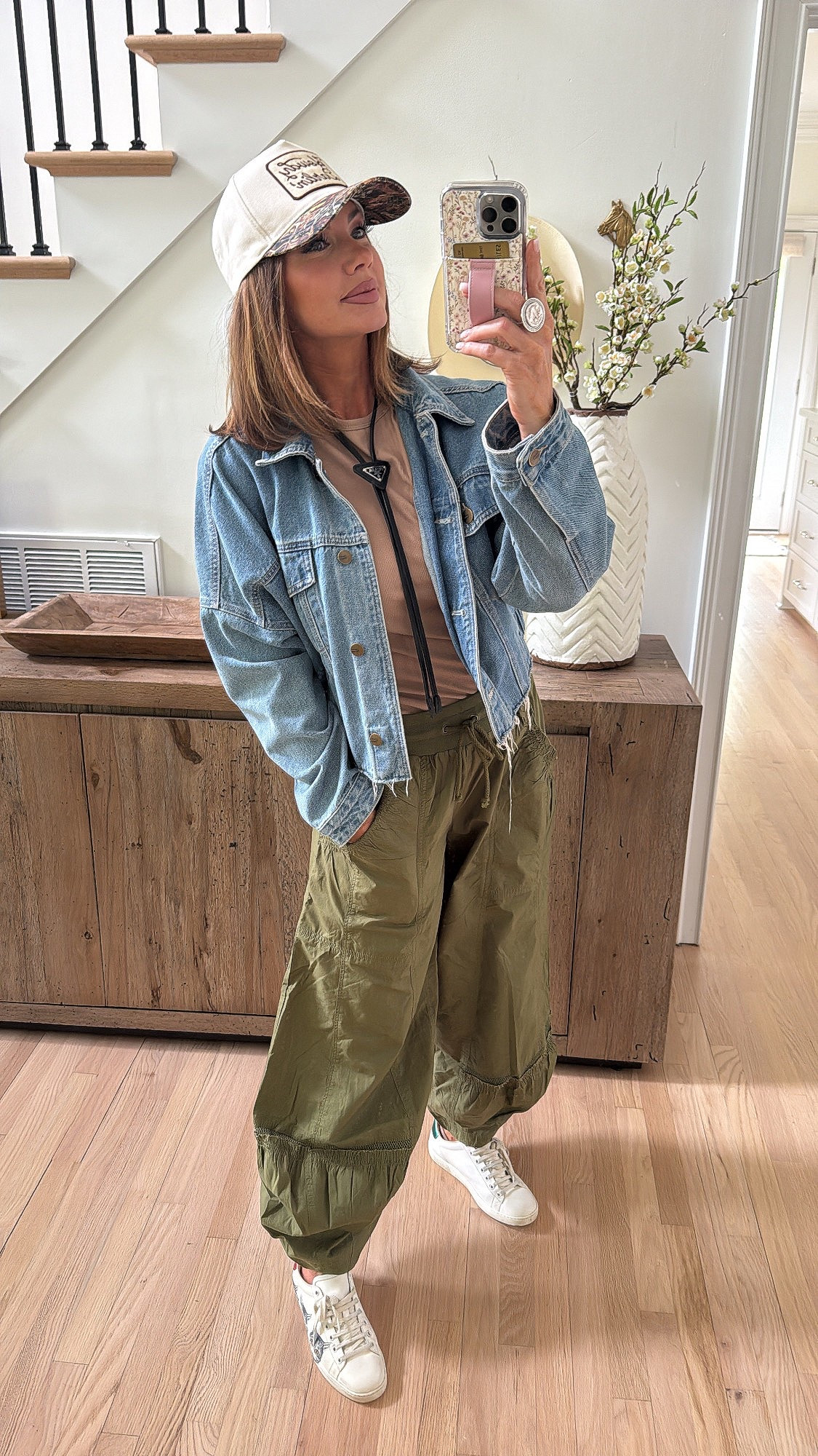 amazon shirt, sunglasses, and similar jacket options linked! anthro pants are on sale today for $68! bolo is allie love. shoes are gucci and no longer available but i linked my fav reeboks! earrings are twisted silver.  ring and hat are @goldielew_ code betsy works for GL & walli cases ♥️

#LTKBeauty #LTKStyleTip #LTKSaleAlert