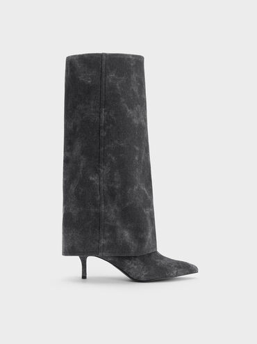 Dark Grey Denim Fold-Over Pointed-Toe Knee-High Boots | CHARLES & KEITH | Charles & Keith US