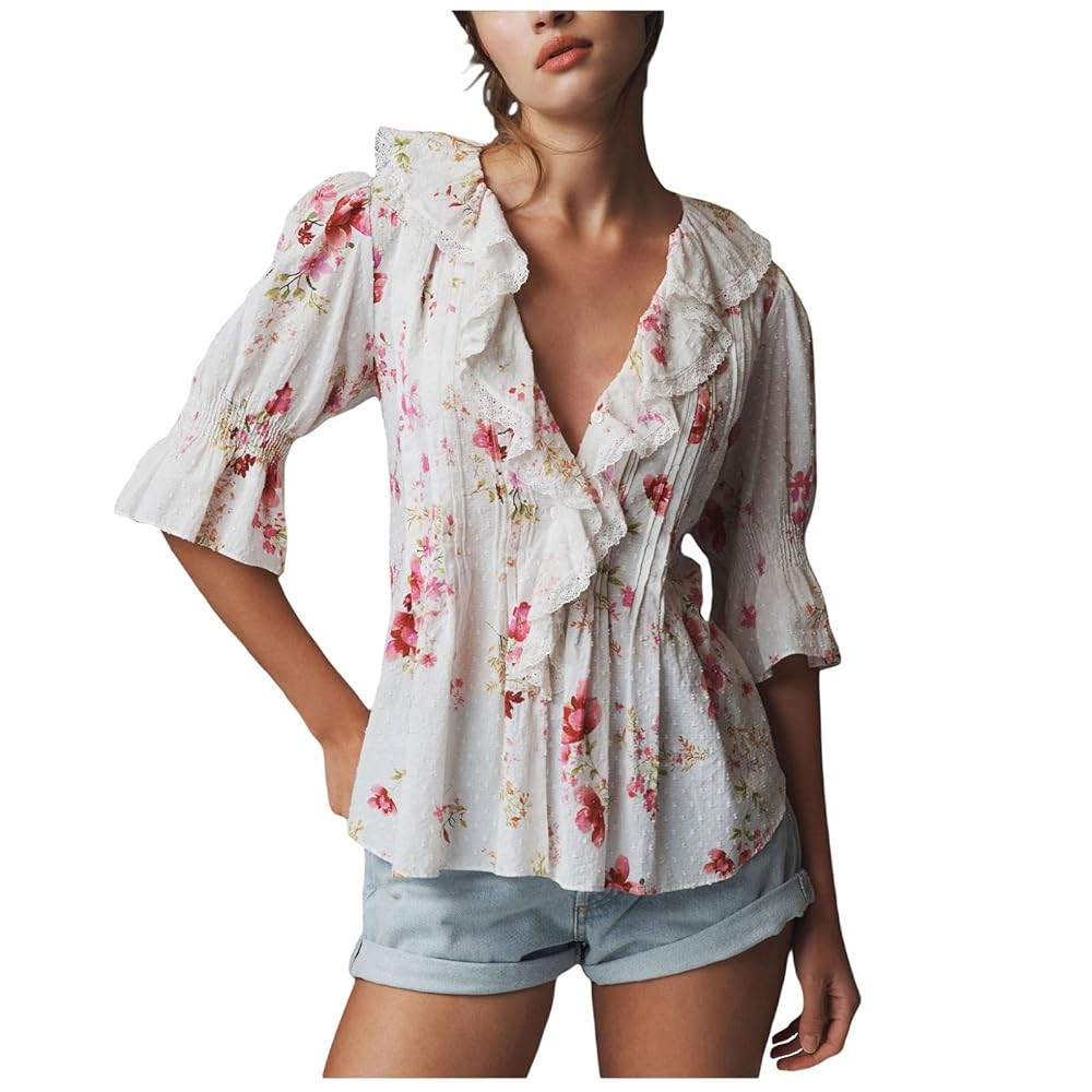 Women Tie Front Boho Top Sheer Lace Ruffle Trim Shirt Short Sleeve Button Down Peasant Blouse Y2k... | Amazon (US)